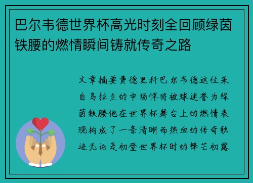 巴尔韦德世界杯高光时刻全回顾绿茵铁腰的燃情瞬间铸就传奇之路 巴尔韦德世界杯高光时刻全回顾绿茵铁腰的燃情瞬间铸就传奇之路